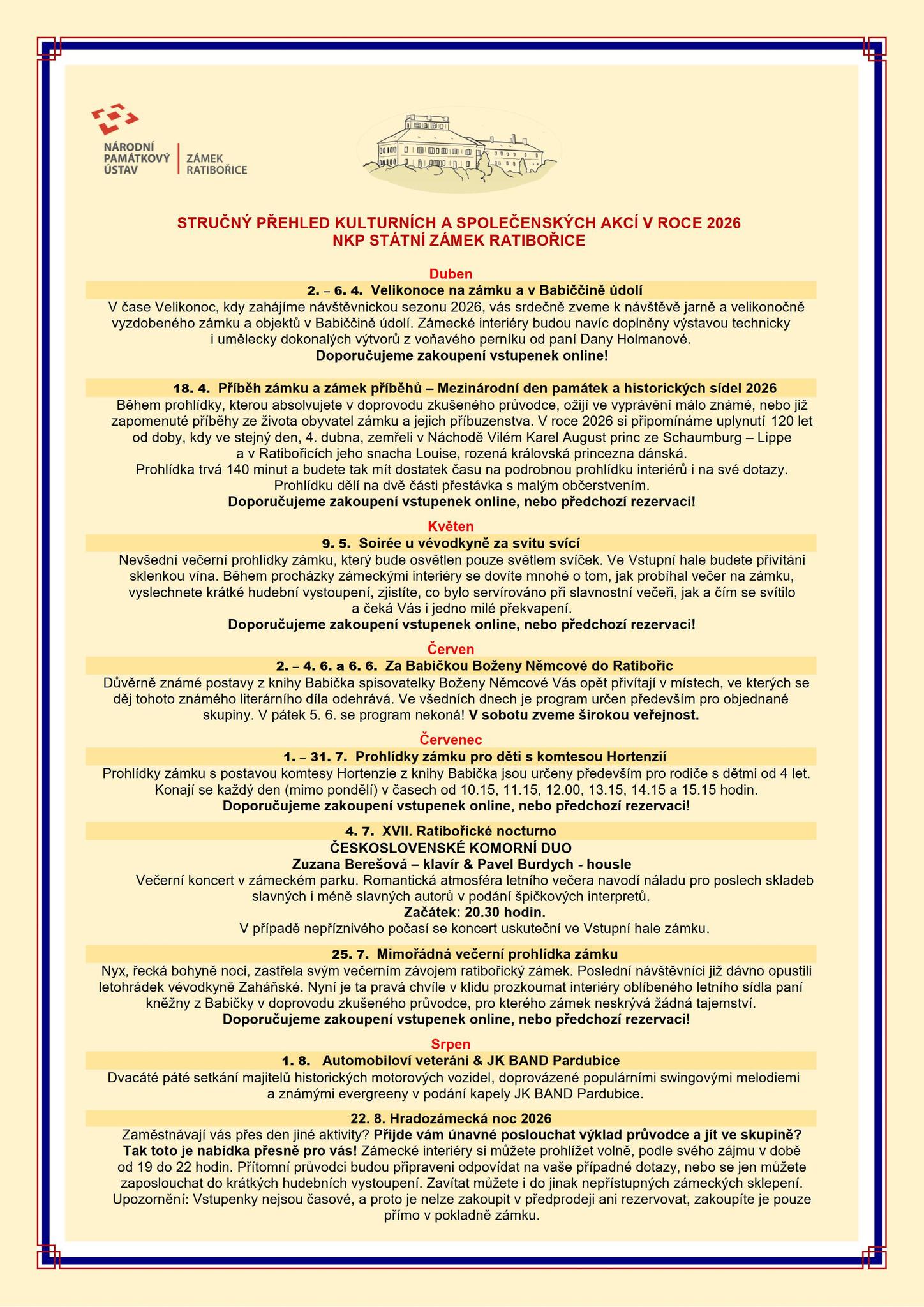 Zámek Ratibořice - kalendář akcí  na léto 2026